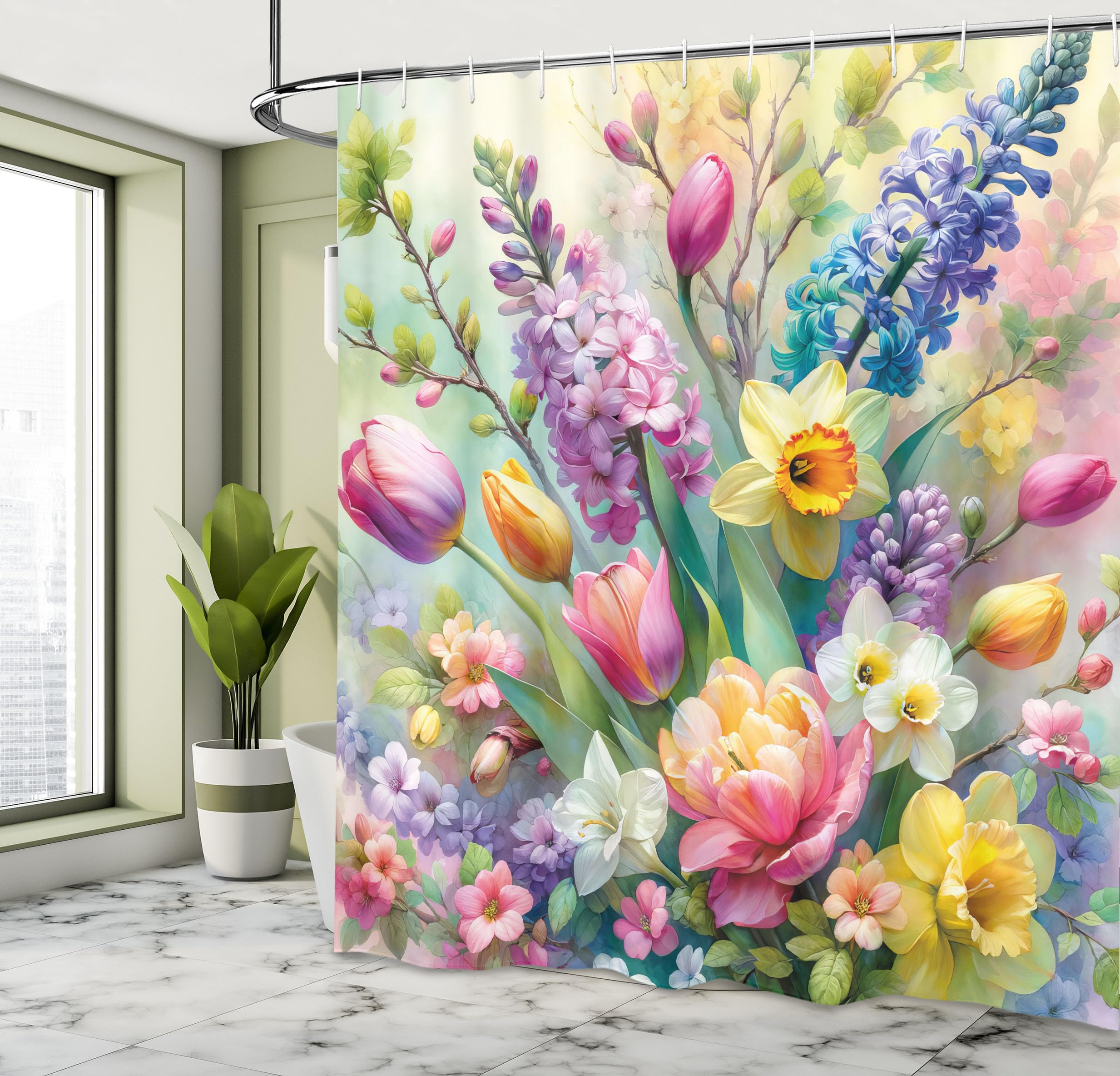 Ambesonne Spring Shower Curtain, Colorful Dreamy Scenario Of Blooming Roses Lavender And Peony With Leaves, Cloth Fabric Bathroo